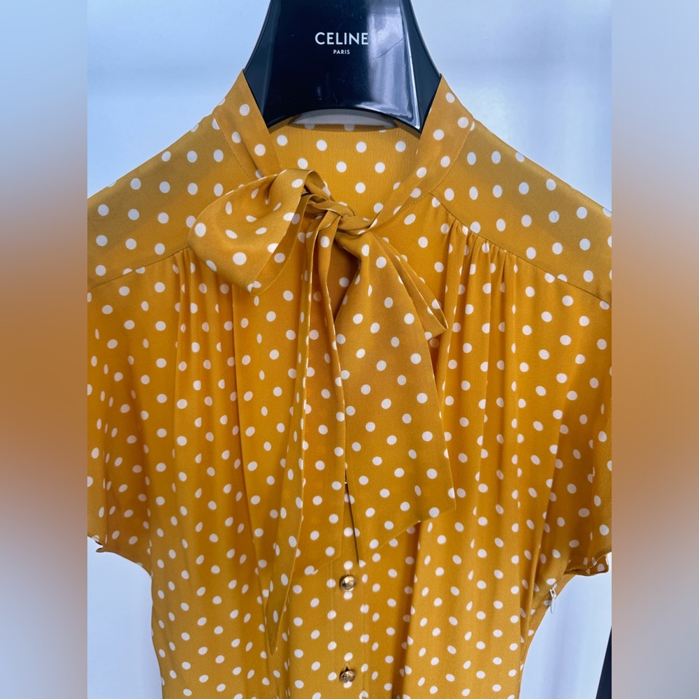 100% Silk Yellow Polka Dot Celine Dress with Pockets - Picture 2 of 6